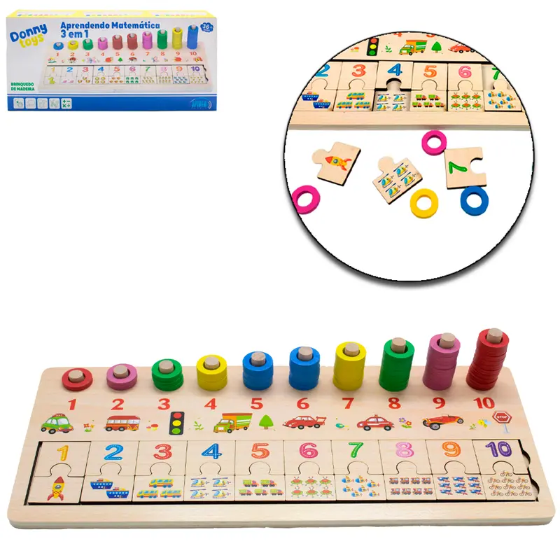 TABULEIRO DIDATICO EDUCATIVO APRENDENDO MATEMATICA 3 EM 1 DE MADEIRA COM 76 PECAS 35X15X6,5CM