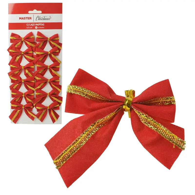 LACO VERMELHO DE VELUDO COM FITA DOURADA DE NATAL COM 12 PECAS 6,5X5,5CM