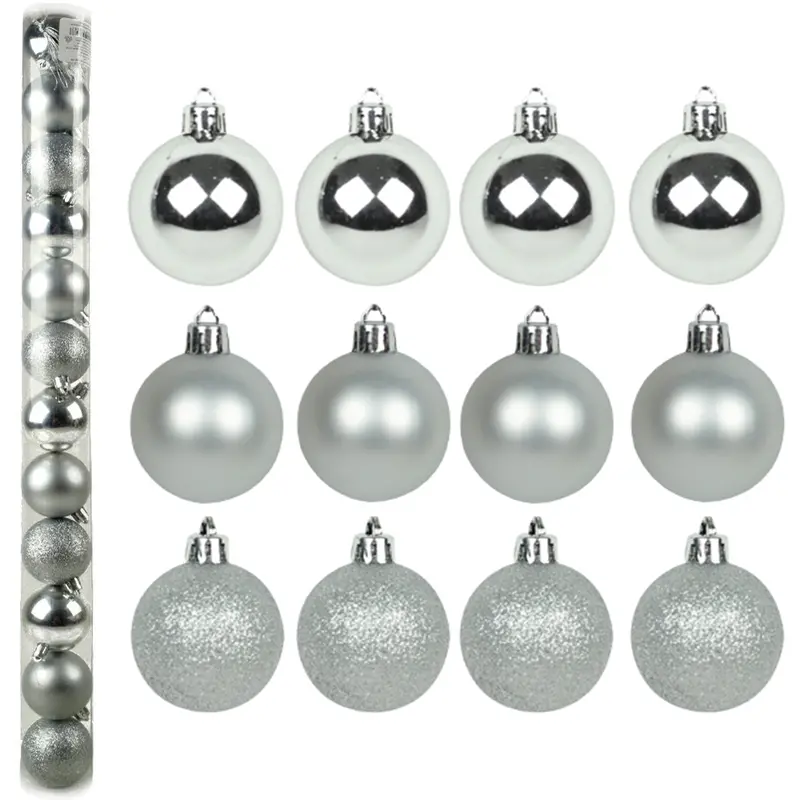 BOLA DE NATAL 5CM DE Ø PRATA MISTA FOSCA / LISA / GLITTER COM 12 PECAS NO TUBO
