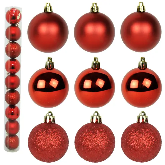 BOLA DE NATAL 6CM DE Ø VERMELHA MISTA FOSCA / LISA / GLITTER COM 9 PECAS NO TUBO