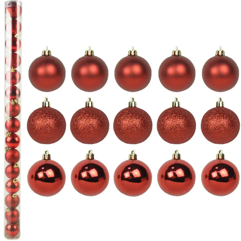 BOLA DE NATAL 3CM DE Ø VERMELHA MISTA FOSCA / LISA / GLITTER COM 15 PECAS NO TUBO