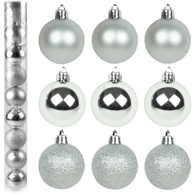 BOLA DE NATAL 6CM DE Ø PRATA MISTA FOSCA / LISA / GLITTER COM 9 PECAS NO TUBO