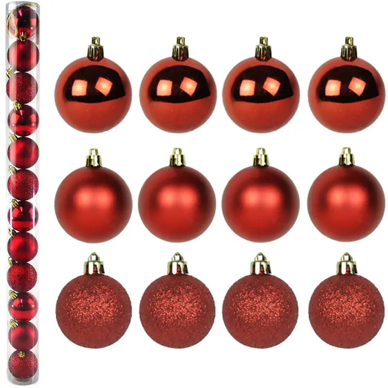 BOLA DE NATAL 5CM DE Ø VERMELHA MISTA FOSCA / LISA / GLITTER COM 12 PECAS NO TUBO