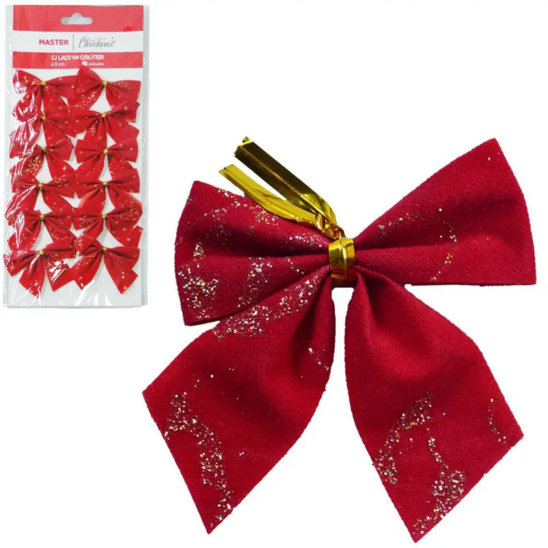 LACO VERMELHO DE VELUDO COM GLITTER DOURADO DE NATAL COM 12 PECAS 6,5X6CM