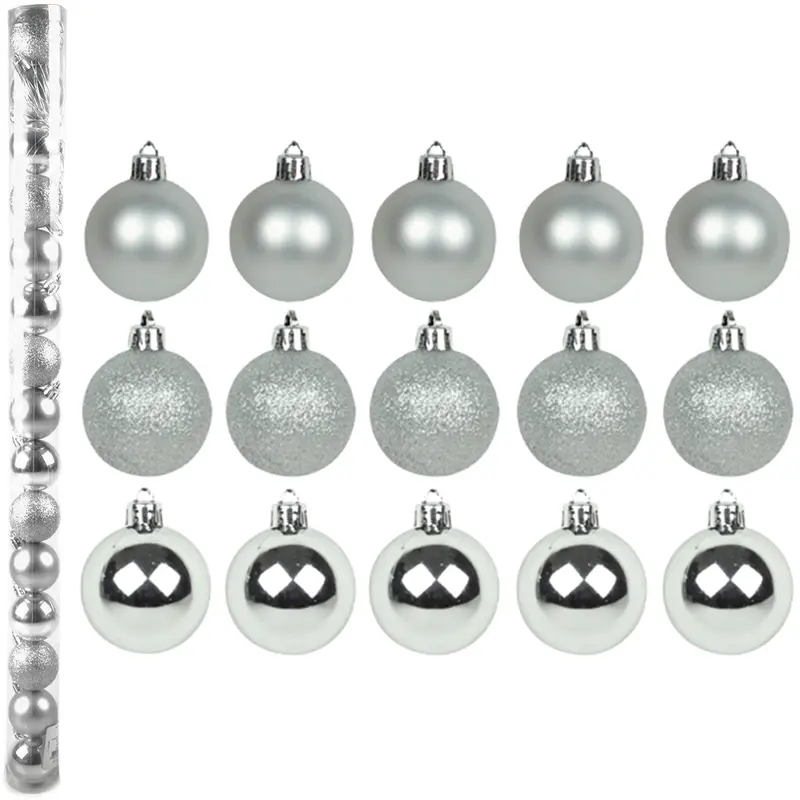 BOLA DE NATAL 4CM DE Ø PRATA MISTA FOSCA / LISA / GLITTER COM 15 PECAS NO TUBO