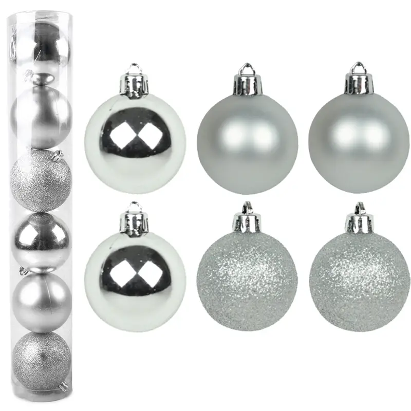 BOLA DE NATAL 7CM DE Ø PRATA MISTA FOSCA / LISA / GLITTER COM 6 PECAS NO TUBO