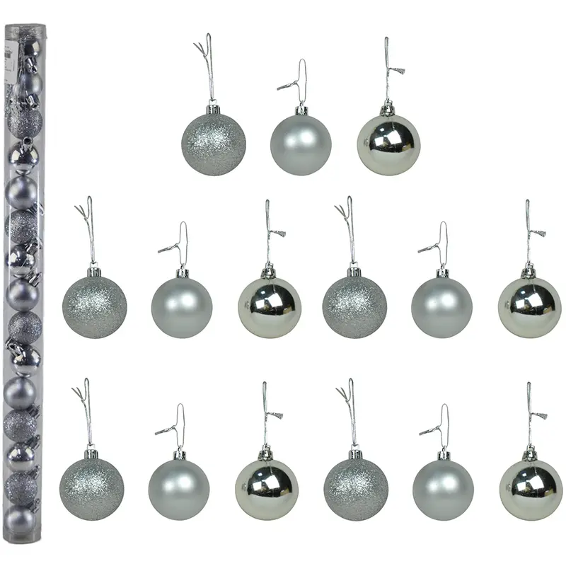 BOLA DE NATAL 3CM DE Ø PRATA MISTA FOSCA / LISA / GLITTER COM 15 PECAS NO TUBO