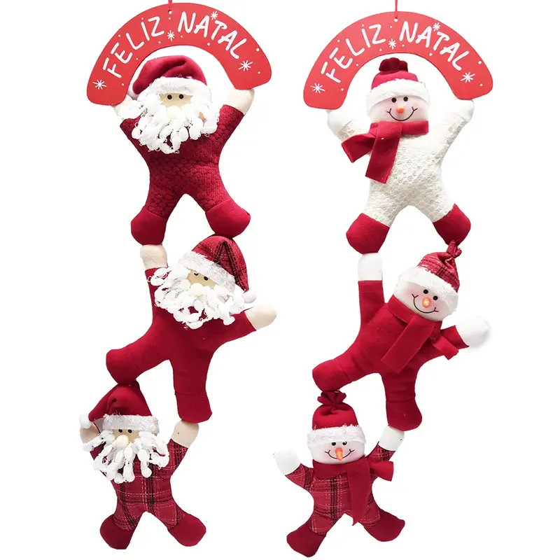 ENFEITE PENDURAR PLACA FELIZ NATAL COM 3 PAPAI NOEL / BONECO DE NEVE PELUCIA DE NATAL 71X24CM