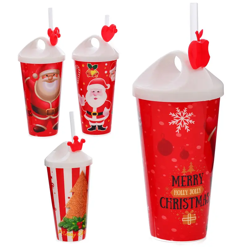COPO COM TAMPA E CANUDO DE PLASTICO DE NATAL 450ML