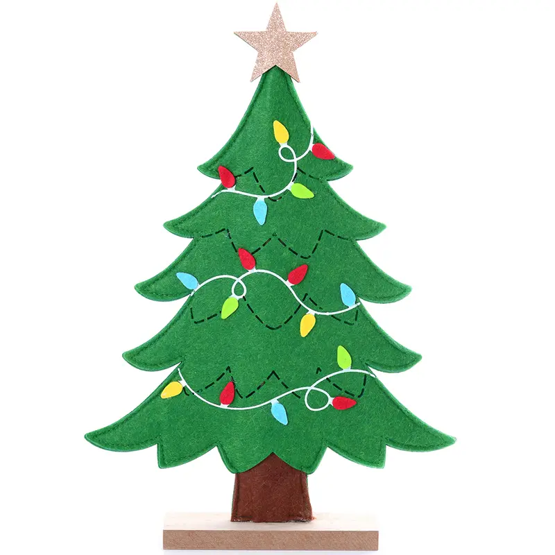 ENFEITE DE MESA DE FELTRO ARVORE DE NATAL COM BASE MADEIRA 40,5X28CM