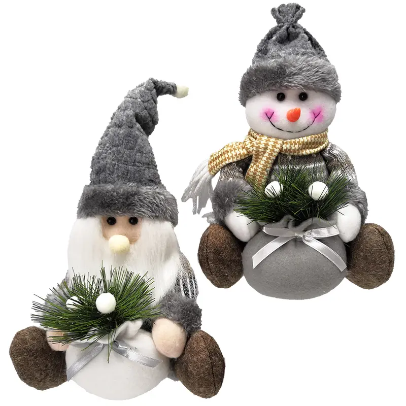 PAPAI NOEL / BONECO DE NEVE DE PELUCIA COM SACO PRESENTE XADREZ / CINZA DE NATAL 20CM
