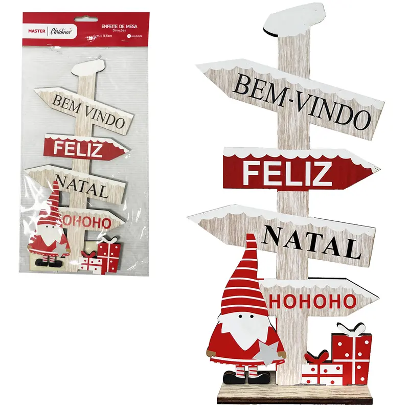 ENFEITE DE MESA PLACA DIRECOES DE MADEIRA MDF DE NATAL 26,5X13CM