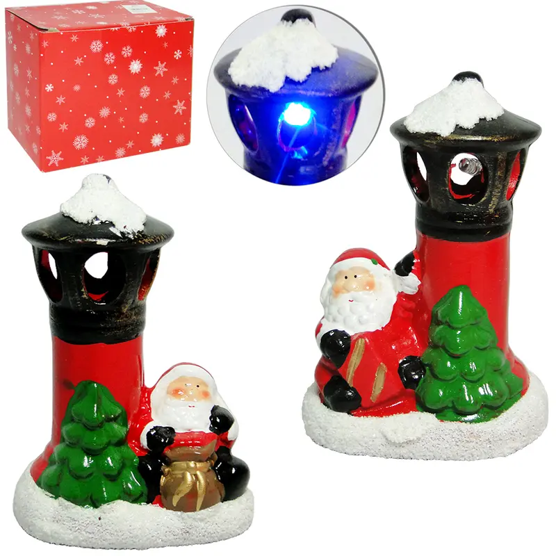 ENFEITE PAPAI NOEL NO POSTE DE PORCELANA DE NATAL COM LUZ COM 4 PECAS 12,5X9X6CM