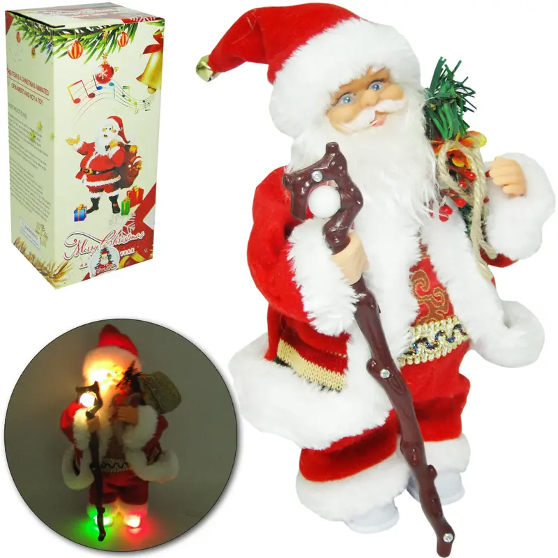 PAPAI NOEL MUSICAL COM MOVIMENTO + CAJADO DE NATAL E LUZ A PILHA 33CM