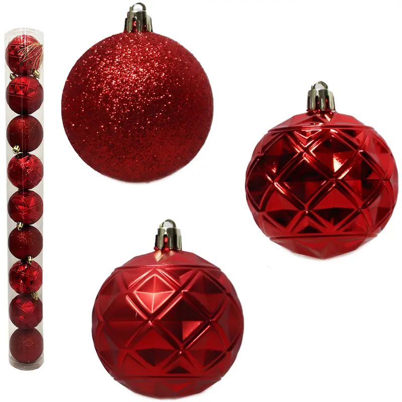 BOLA DE NATAL 6CM DE Ø VERMELHA MISTA GLITTER / RELEVO FOSCA / BRILHO COM 9 PECAS NO TUBO