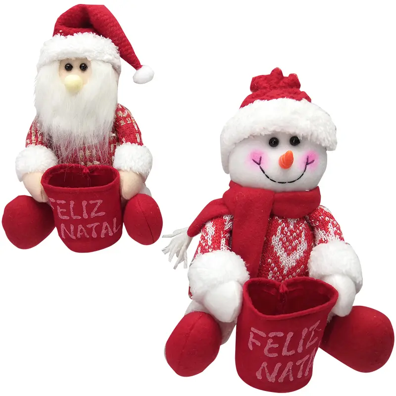 ENFEITE PAPAI NOEL / BONECO DE NEVE SENTADO COM SACO FELIZ NATAL VM 22X17CM