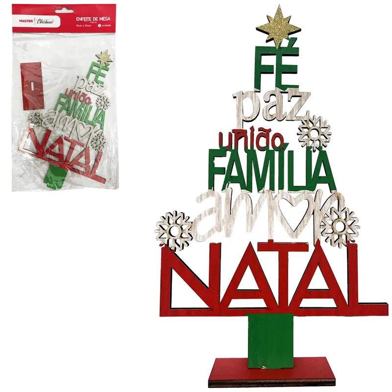 ENFEITE DE MESA DE MADEIRA MDF PALAVRAS DE NATAL 25X15CM