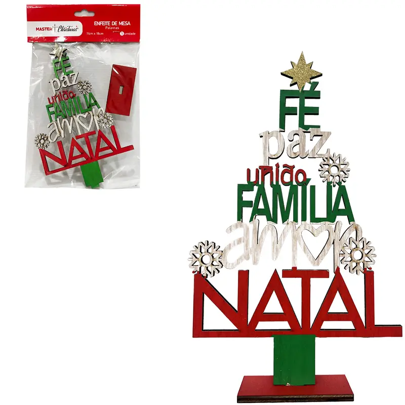 ENFEITE DE MESA DE MADEIRA MDF PALAVRAS DE NATAL 18X11CM