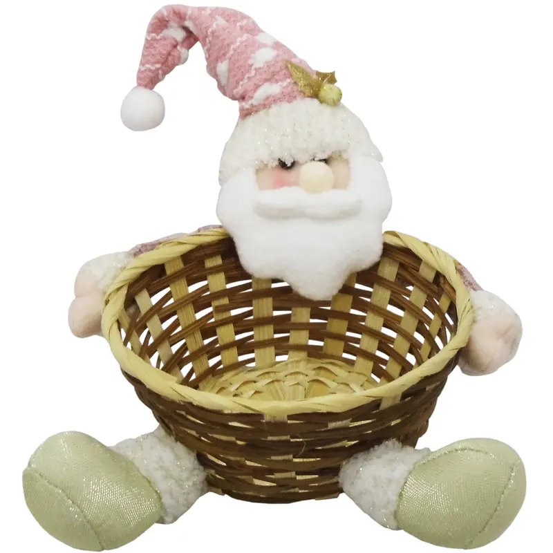 ENFEITE PAPAI NOEL SENTADO COM CESTA DE PALHA REDONDO ROSA DE NATAL 25X22CM