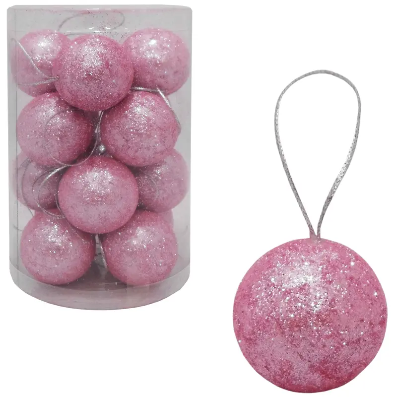 BOLA DE NATAL 4CM DE Ø ROSA GLITTER COM 16 PECAS NO TUBO