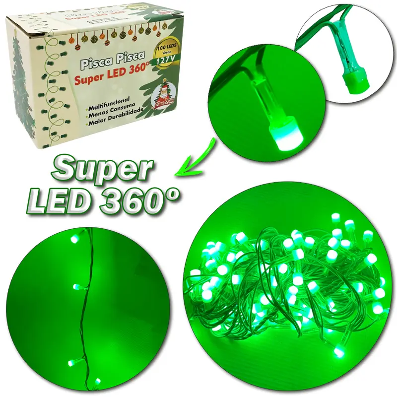 PISCA 100 LEDS VERDE SUPER LED 360 127V 9M 8 FUNCOES FIO VERDE