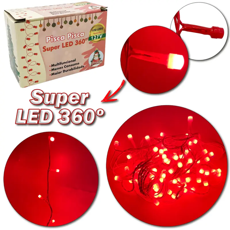 PISCA 100 LEDS VERMELHO SUPER LED 360 127V 9M 8 FUNCOES FIO VERMELHO