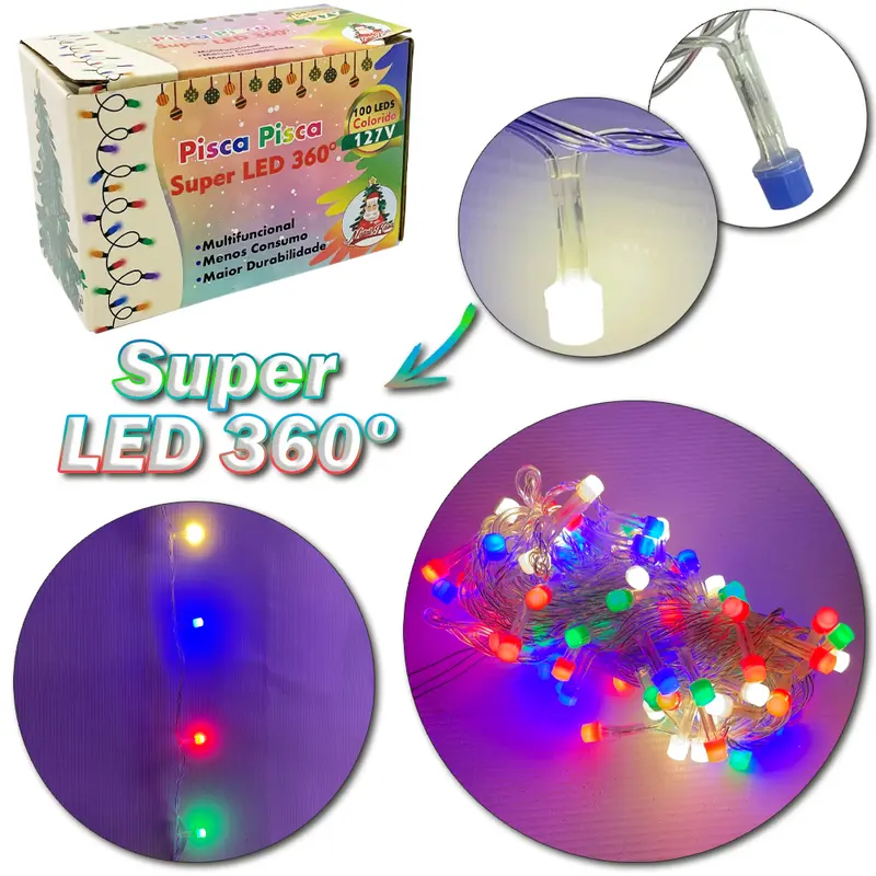 PISCA 100 LEDS COLORS SUPER LED 360 127V 9M 8 FUNCOES FIO TRANSPARENTE