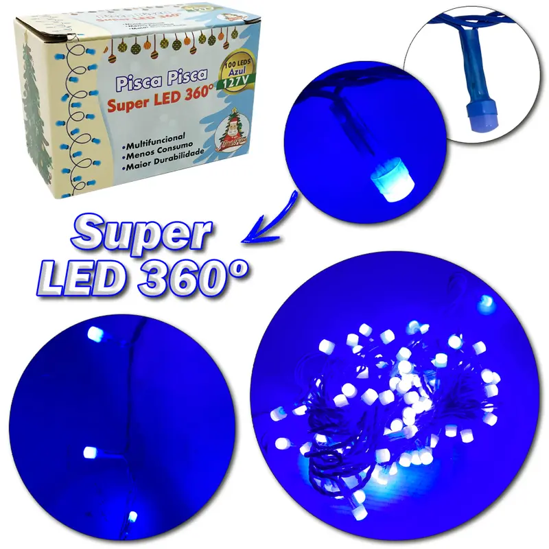 PISCA 100 LEDS AZUL SUPER LED 360 127V 9M 8 FUNCOES FIO AZUL