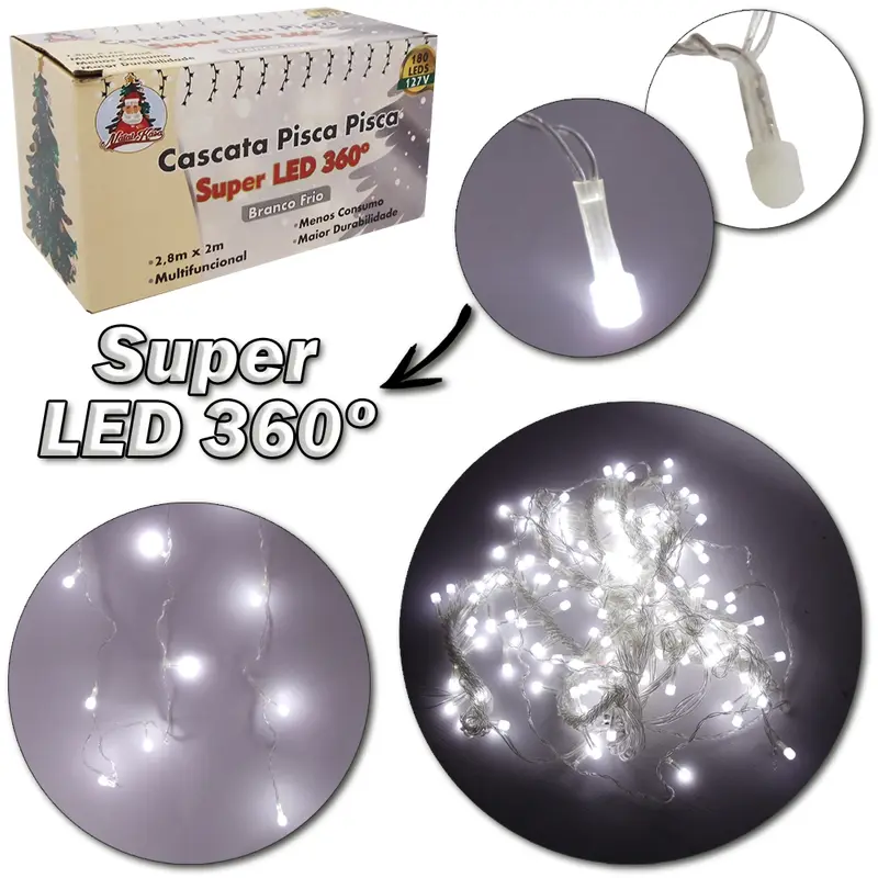 CASCATA 180 LEDS BRANCO FRIO SUPER LED 360 DE NATAL 127V 2,8X2M 8 FUNCOES FIO TRANSPARENTE