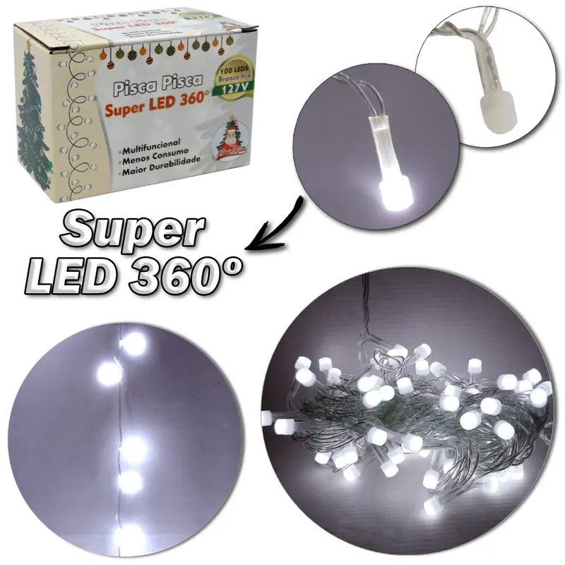 PISCA 100 LEDS BRANCO FRIO SUPER LED 360 127V 9M 8 FUNCOES FIO TRANSPARENTE