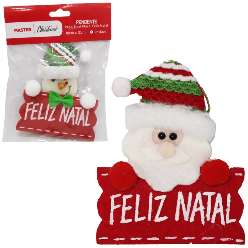PENDENTE PAPAI NOEL / BONECO DE NEVE COM PLACA FELIZ NATAL 12X10CM