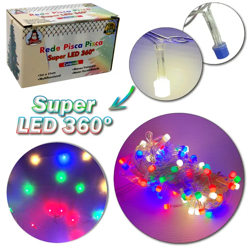 REDE 120 LEDS COLORS SUPER LED 360 127V 3MX55CM 8 FUNCOES FIO TRANSPARENTE