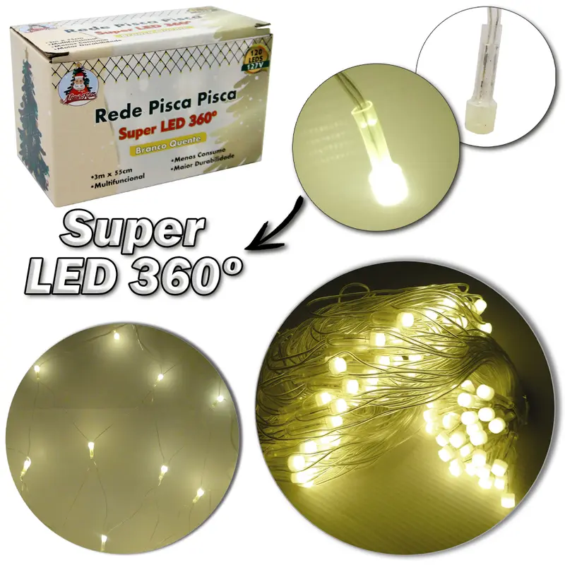 REDE 120 LEDS BRANCO QUENTE SUPER LED 360 127V 3MX55CM 8 FUNCOES FIO TRANSPARENTE
