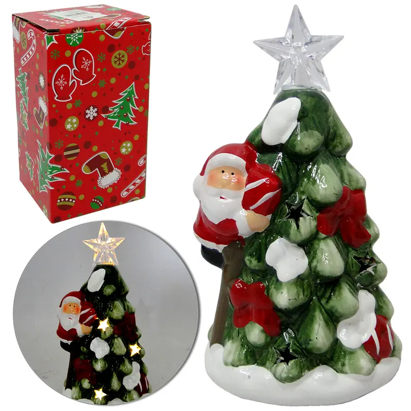 ENFEITE ARVORE DE NATAL COM PAPAI NOEL DE PORCELANA COM LED A BATERIA 16X8CM DE Ø