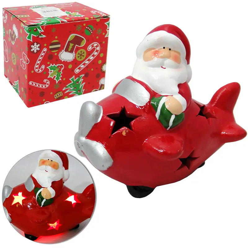 ENFEITE AVIAOZINHO COM PAPAI NOEL DE NATAL DE PORCELANA E LUZ 10,5X9,3CM