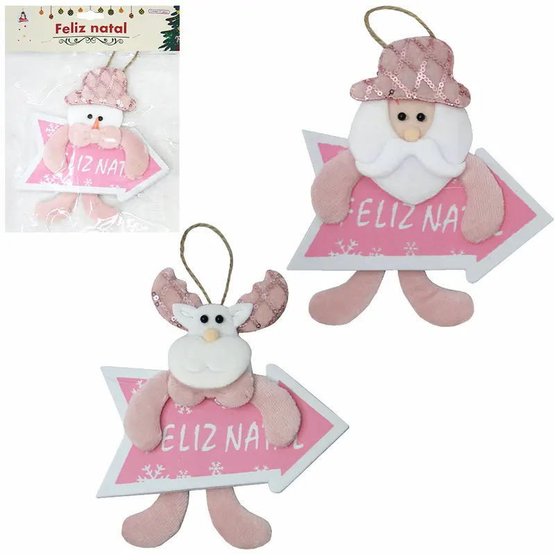 PENDENTE PAPAI NOEL / BONECO NEVE / RENA COM PLACA FELIZ NATAL ROSA 19X15CM