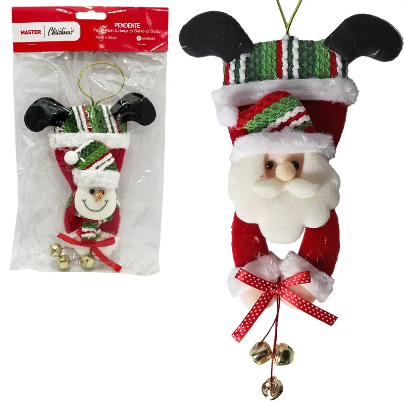PENDENTE PAPAI NOEL / BONECO DE NEVE CABECA PRA BAIXO COM GUIZO DE NATAL 24X14CM