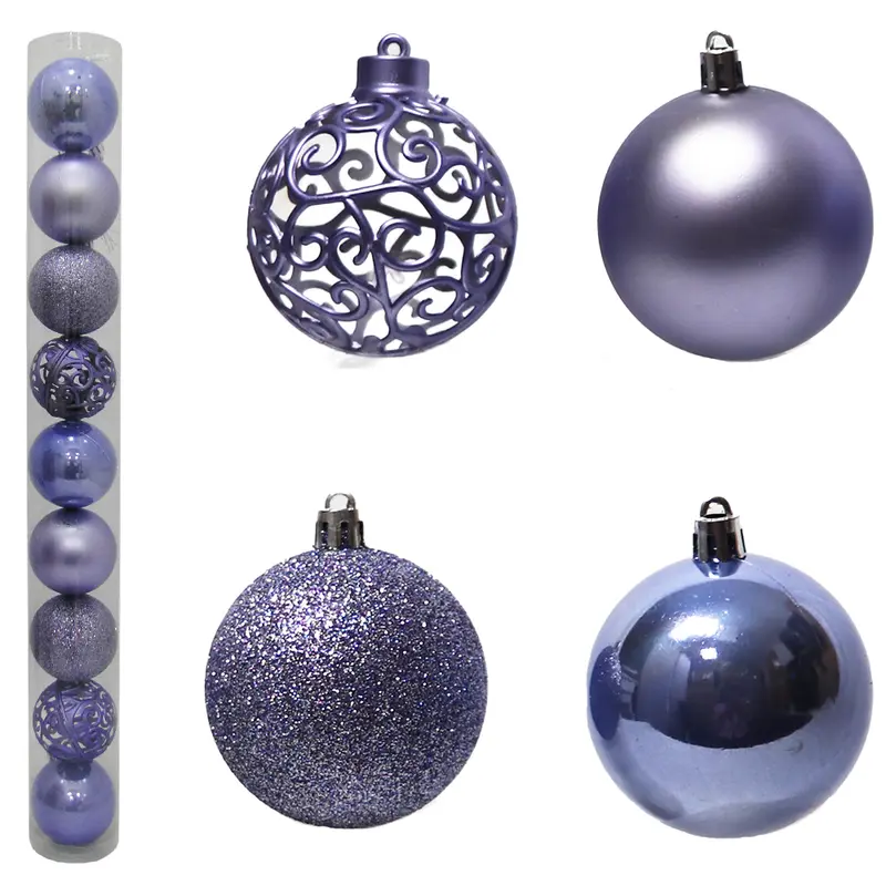 BOLA DE NATAL 6CM DE Ø LILAS MISTA GLITTER / FOSCA / BRILHO ARABESCO VAZADO COM 9 PECAS NO TUBO