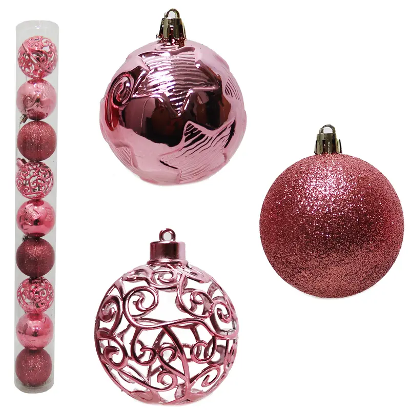 BOLA DE NATAL 6CM DE Ø ROSE MISTA GLITTER / ESTRELA ALTO RELEVO ARABESCO VAZADO 9 PECAS NO TUBO