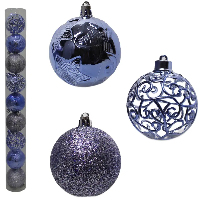 BOLA DE NATAL 6CM DE Ø LILAS MISTA GLITTER / ESTRELA ALTO RELEVO ARABESCO VAZADO 9 PECAS NO TUBO