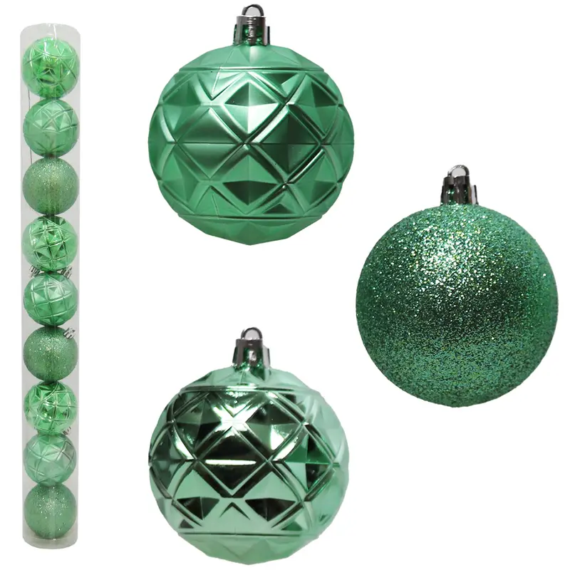 BOLA DE NATAL 6CM DE Ø VERDE MENTA MISTA GLITTER / RELEVO FOSCA / BRILHO COM 9 PECAS NO TUBO