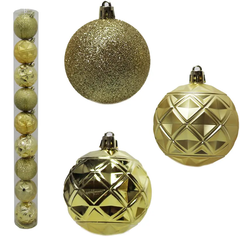 BOLA DE NATAL 6CM DE Ø DOURADA MISTA GLITTER / RELEVO FOSCA / BRILHO COM 9 PECAS NO TUBO