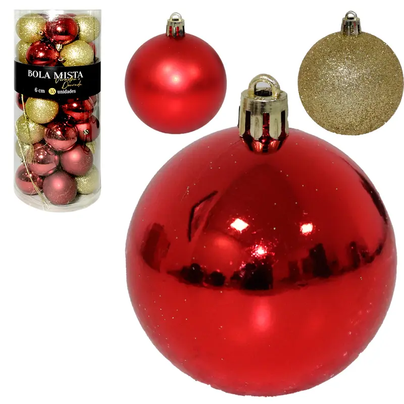 BOLA DE NATAL MISTA 6CM DE Ø VERMELHA E DOURADA FOSCA / LISA / GLITTER / DECORADA COM 35 PECAS NO TUBO