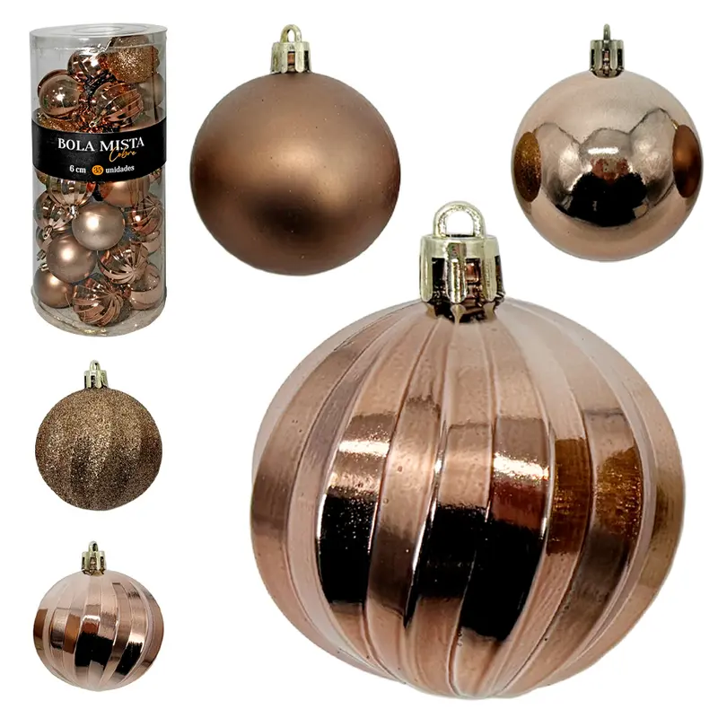BOLA DE NATAL 6CM DE Ø COBRE MISTA FOSCA / LISA / GLITTER / TEXTURA COM 35 PECAS NO TUBO