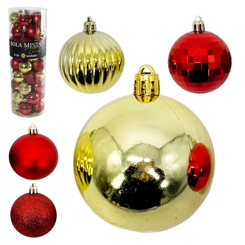 BOLA DE NATAL 4CM DE Ø VERMELHA E DOURADA MISTA FOSCA / LISA / GLITTER / GLOBINHO / TEXTURADA COM 45 PECAS NO TUBO