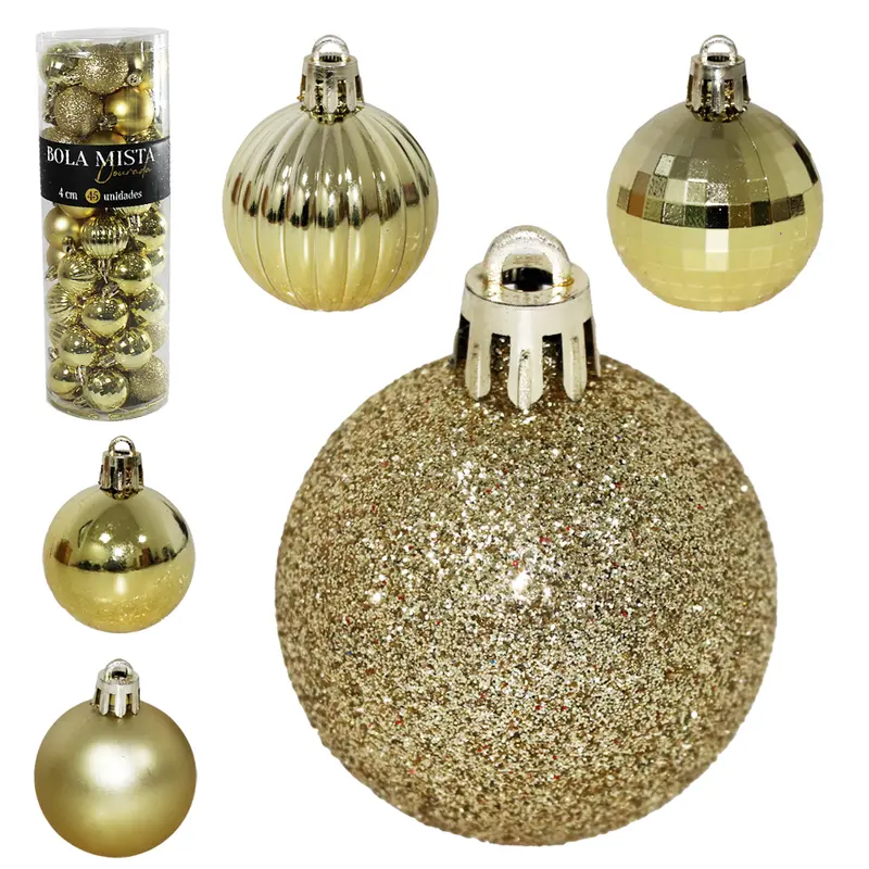 BOLA DE NATAL 4CM DE Ø DOURADA MISTA FOSCA / LISA / GLITTER / GLOBINHO / TEXTURADA COM 45 PECAS NO TUBO