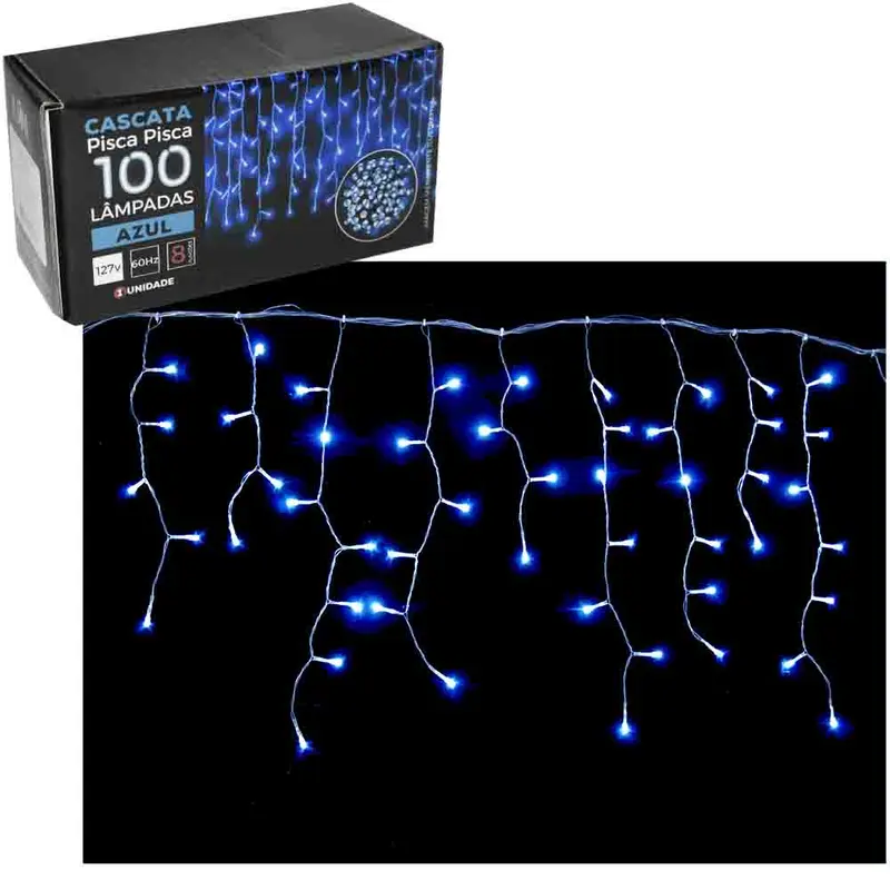 CASCATA 100 LEDS AZUL DE NATAL 127V 60HZ 8 FUNCOES 2,25MX56CM FIO TRANSPARENTE