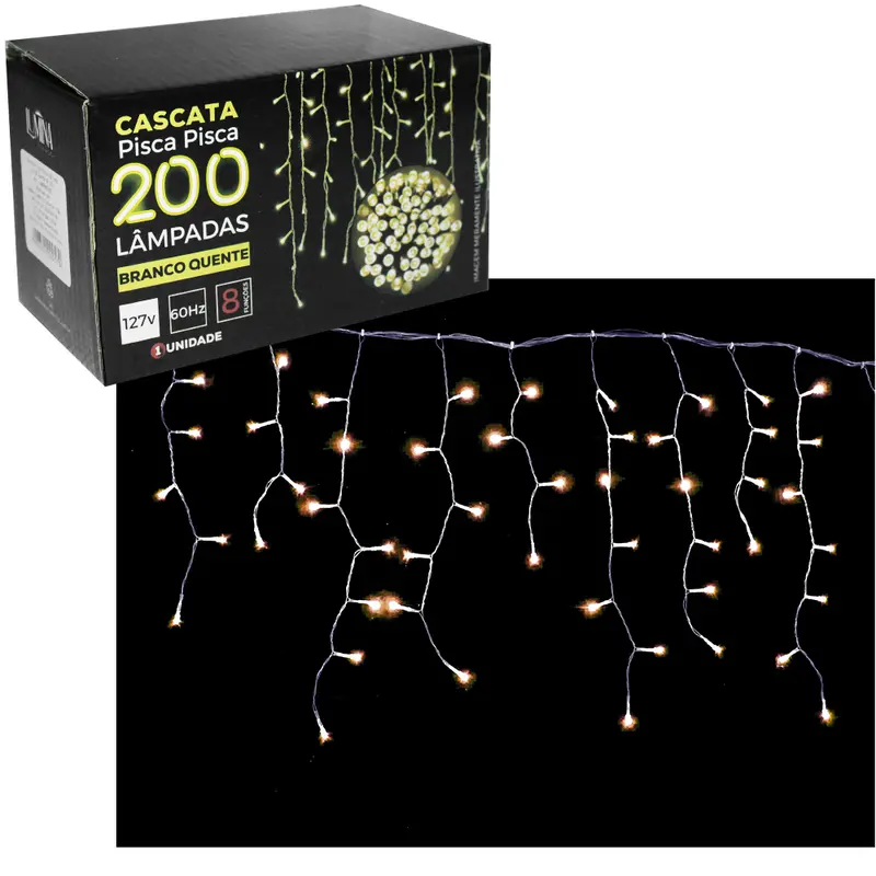 CASCATA 200 LEDS BRANCO QUENTE DE NATAL 127V 8 FUNCOES 4,5MX56CM