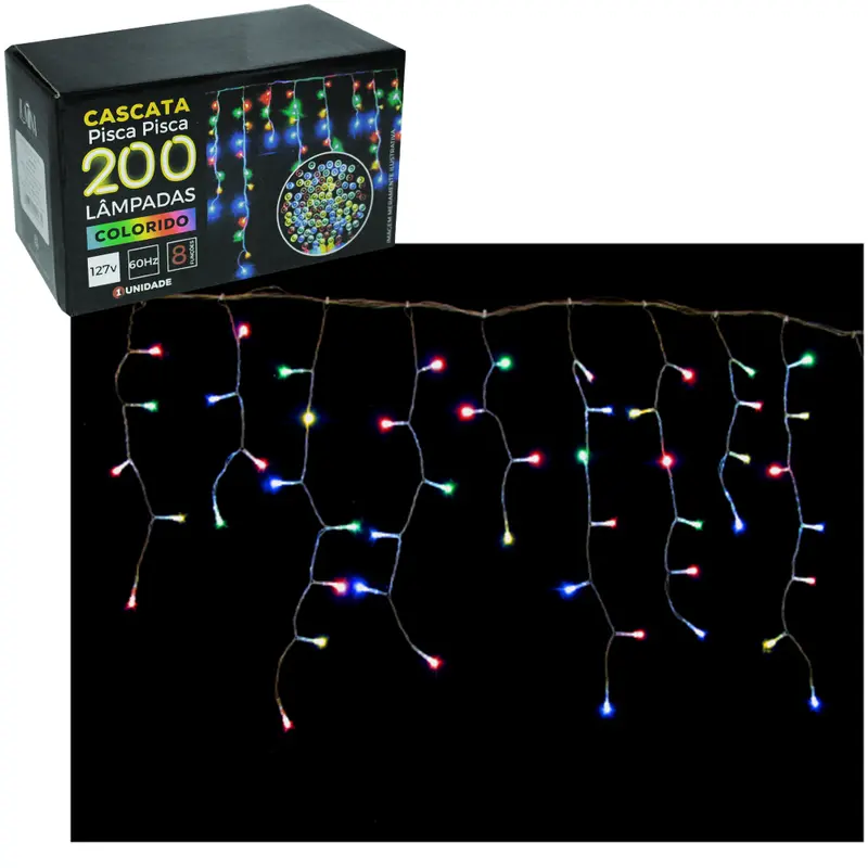 CASCATA 200 LEDS COLORS DE NATAL 127V 60HZ 8 FUNCOES 4,5MX56CM FIO TRANSPARENTE