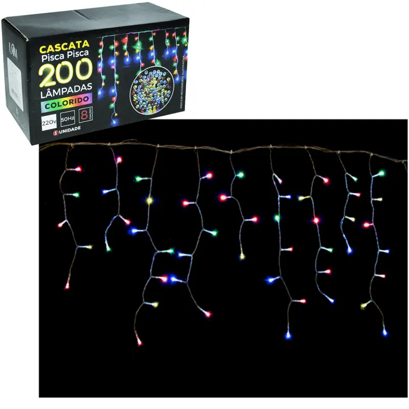 CASCATA 200 LEDS COLORS DE NATAL 220V 8 FUNCOES 4,5MX56CM